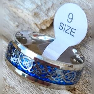 Unisex Celtic Dragon Ring with Blue and Silver Tones Tungsten